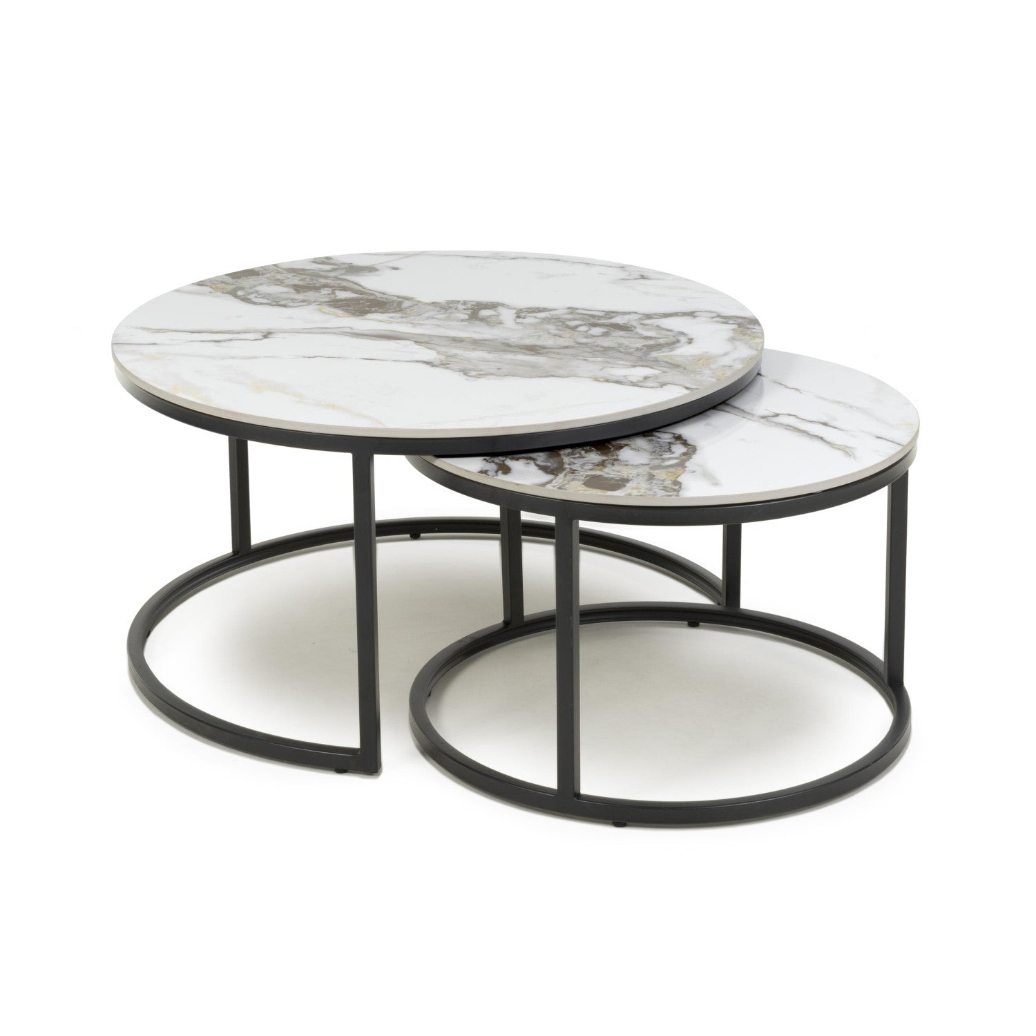 White Gold Texture Marble Effect Round Nest of 2 Tables