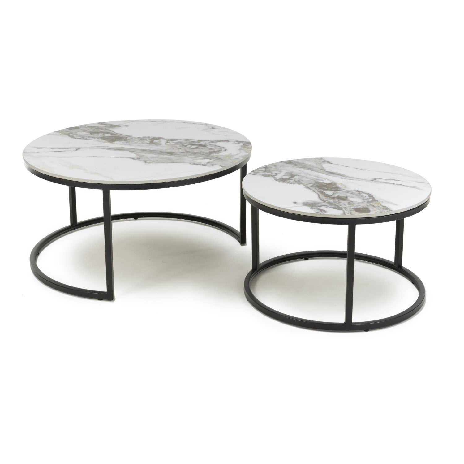White Gold Texture Marble Effect Round Nest of 2 Tables