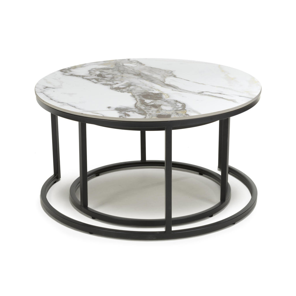White Gold Texture Marble Effect Round Nest of 2 Tables