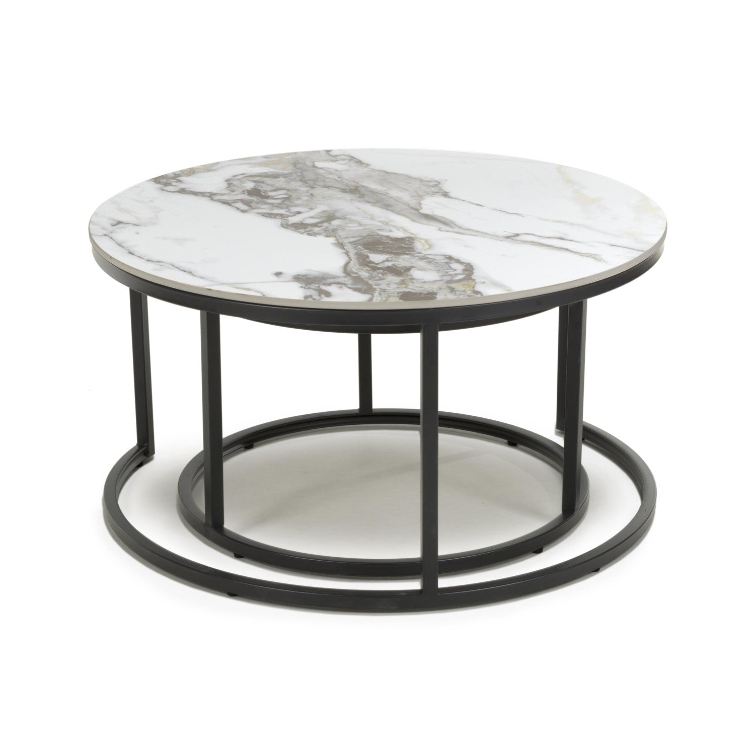 White Gold Texture Marble Effect Round Nest of 2 Tables