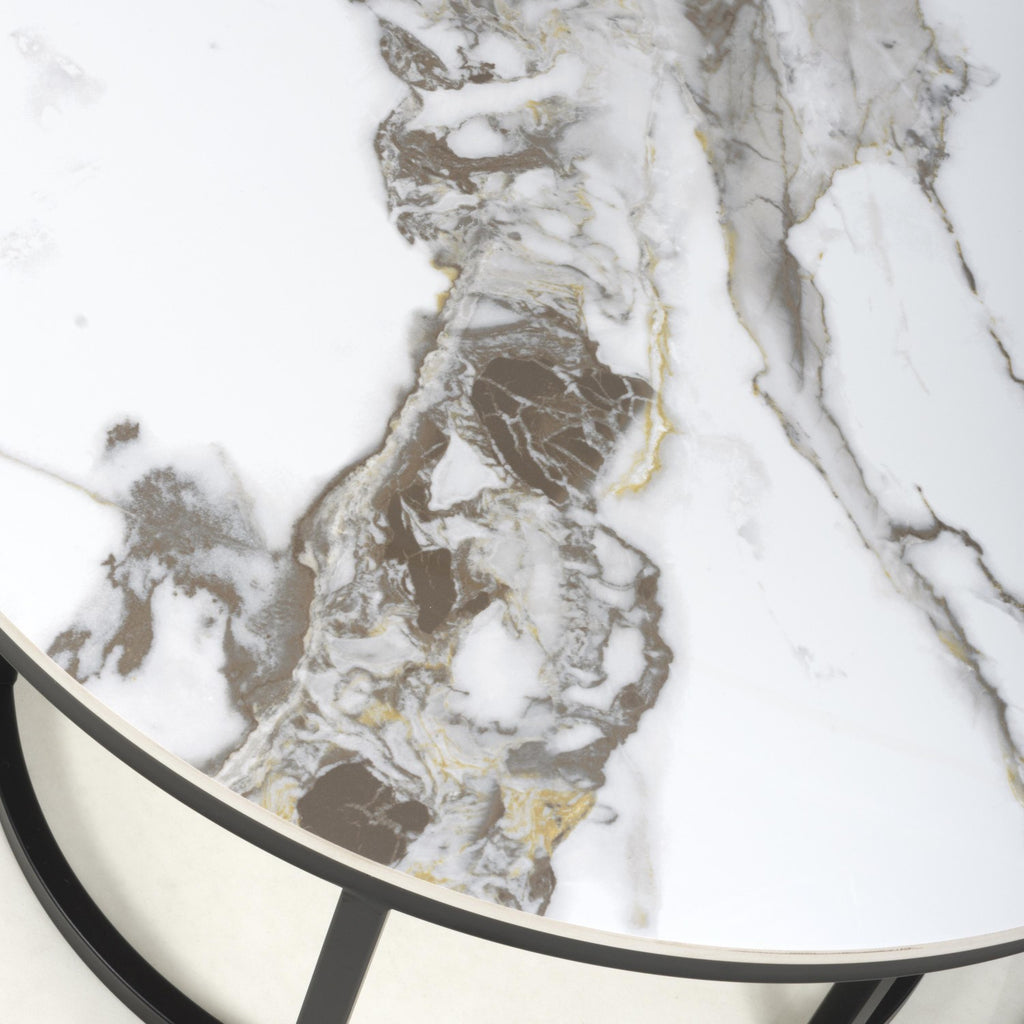 White Gold Texture Marble Effect Round Nest of 2 Tables