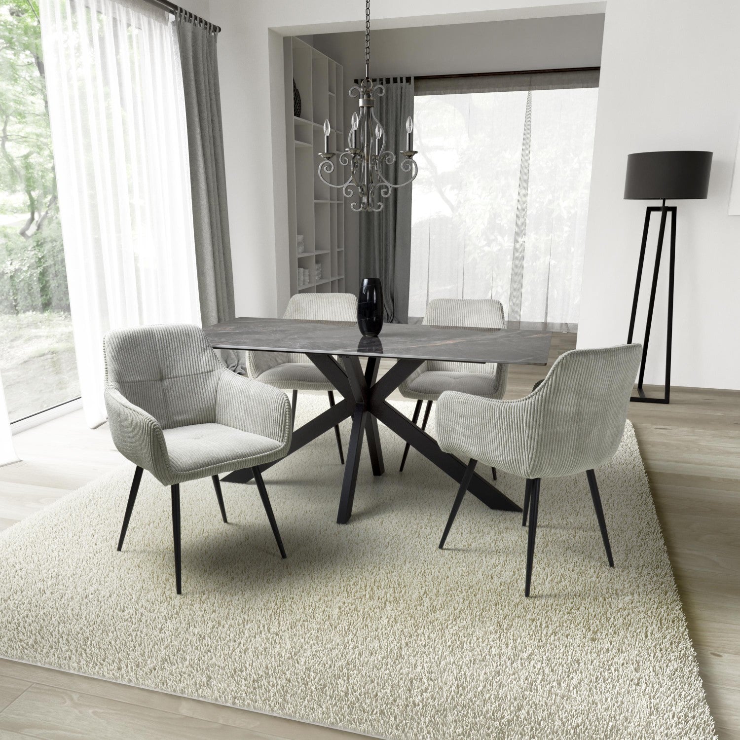 Grey Marble Effect 1.6m Dining Set with 4 Light Grey Chairs