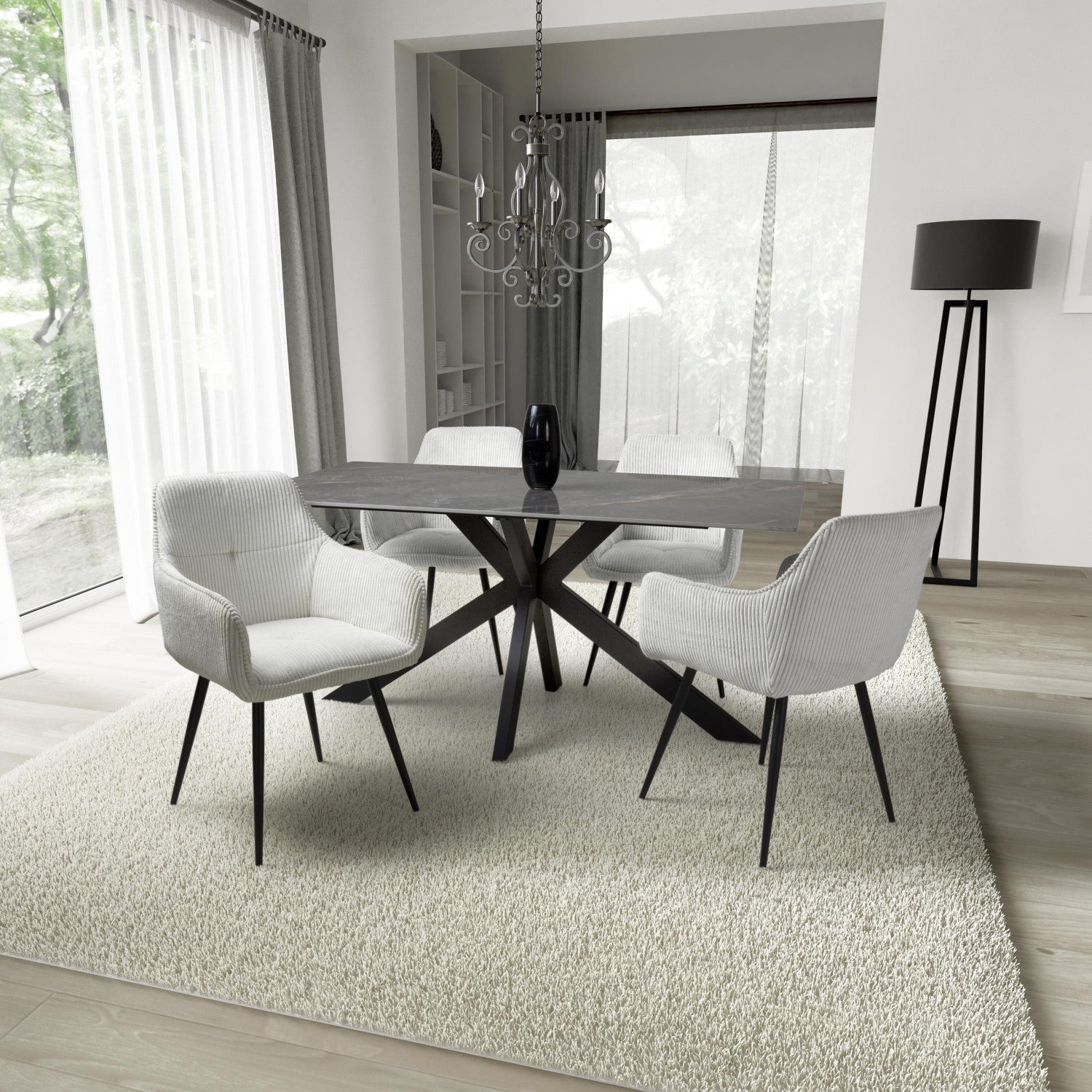 Grey Marble Effect 1.6m Dining Table Set with 4 White Chairs