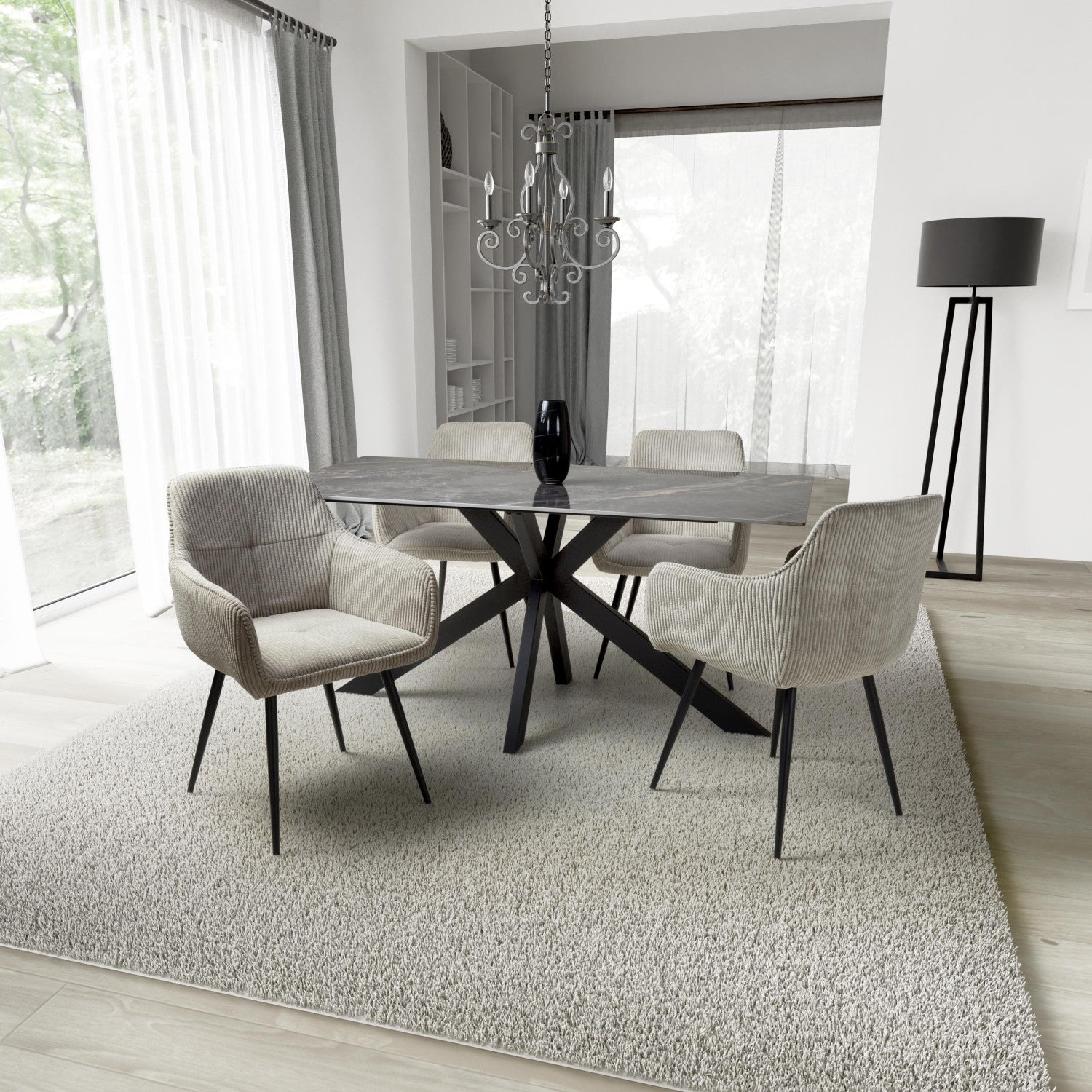 Grey Marble Effect 1.6m Dining Table Set with 4 Mink Chairs