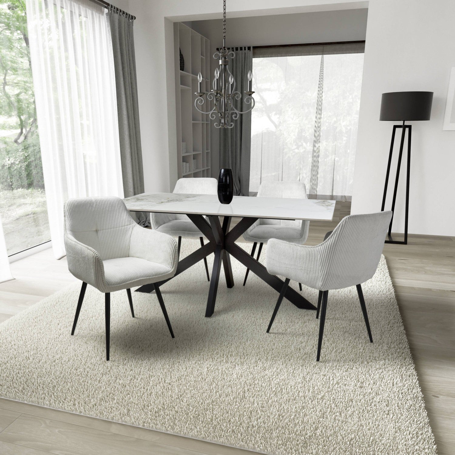 White Marble Effect 1.6m Dining Set with 4 White Chairs