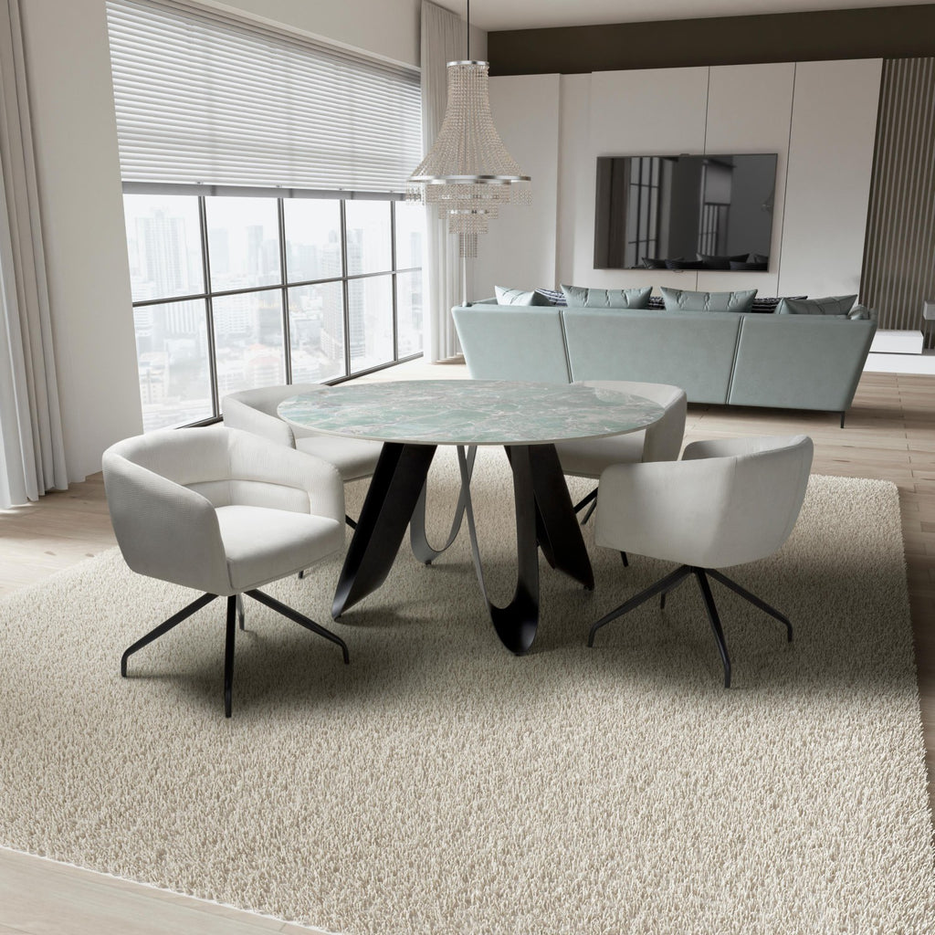 Green Texture Marble Effect Round Dining Set 4 White Chairs