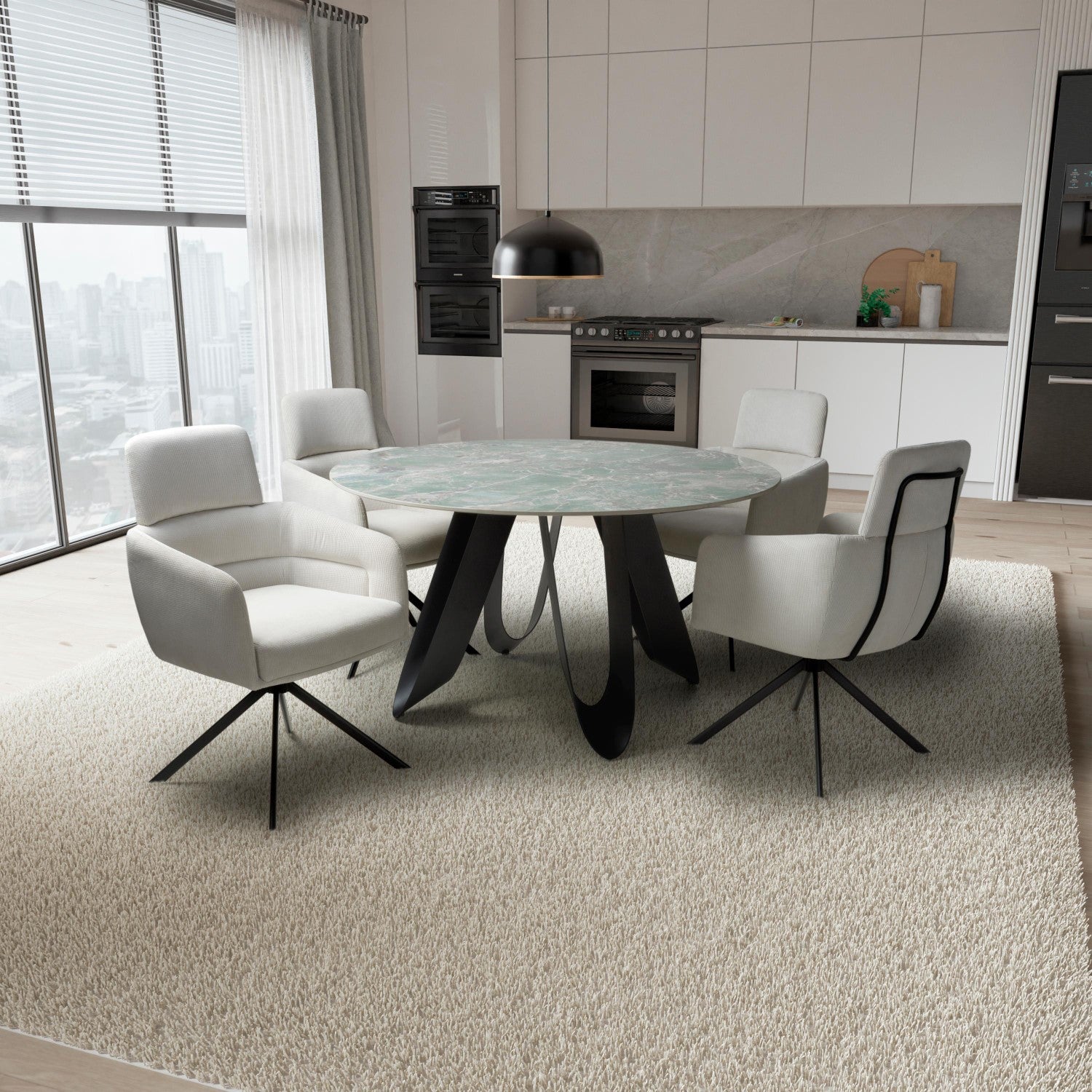 Green Textured Marble Effect Round Dining Table Set 4 Chairs