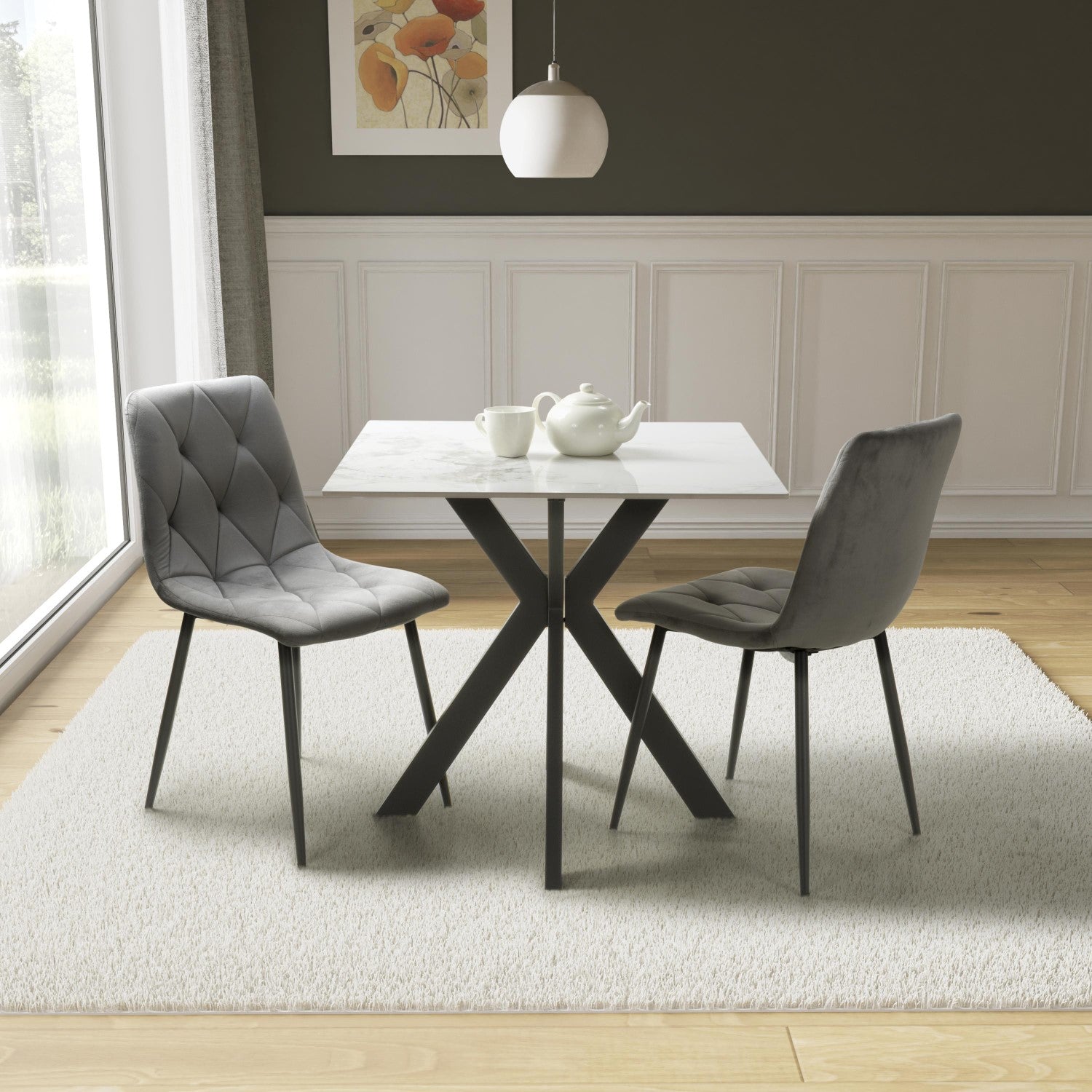 White Marble Effect 80cm Dining Set with 2 Grey Chairs