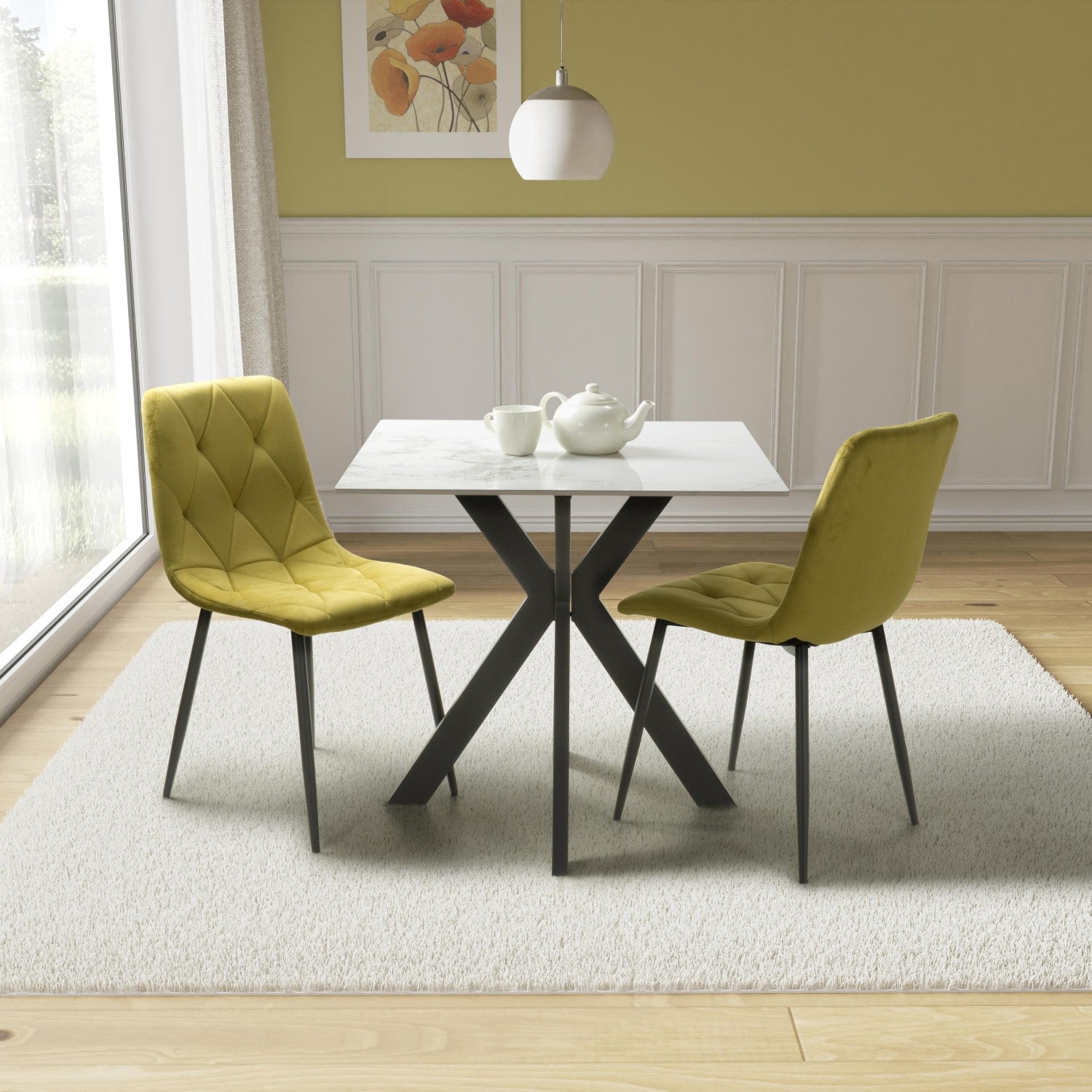 White Marble Effect 80cm Dining Set with 2 Mustard Chairs