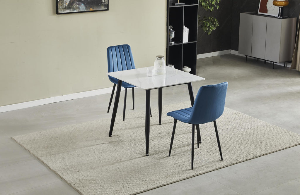 White Marble Effect 80cm Dining Table Set with 2 Blue Chairs