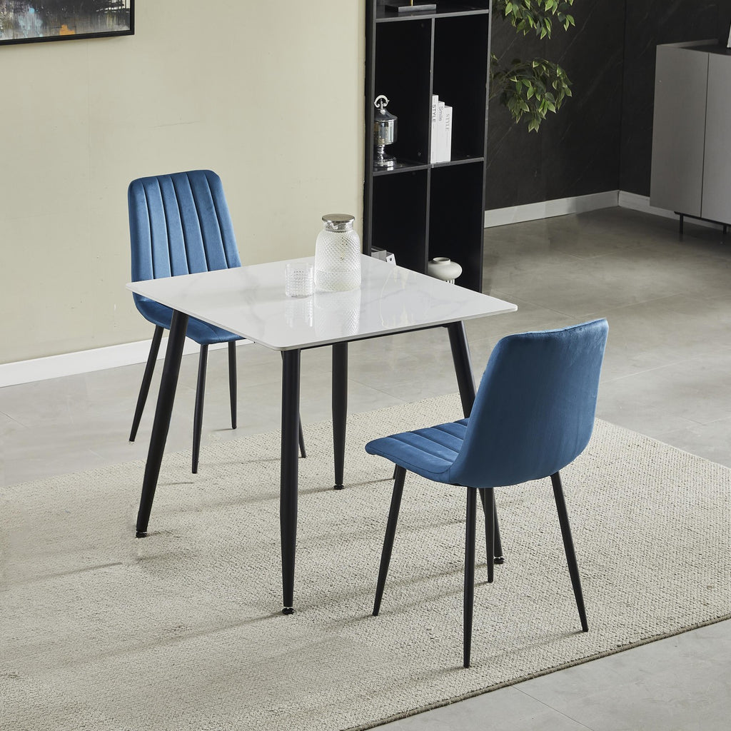 White Marble Effect 80cm Dining Table Set with 2 Blue Chairs