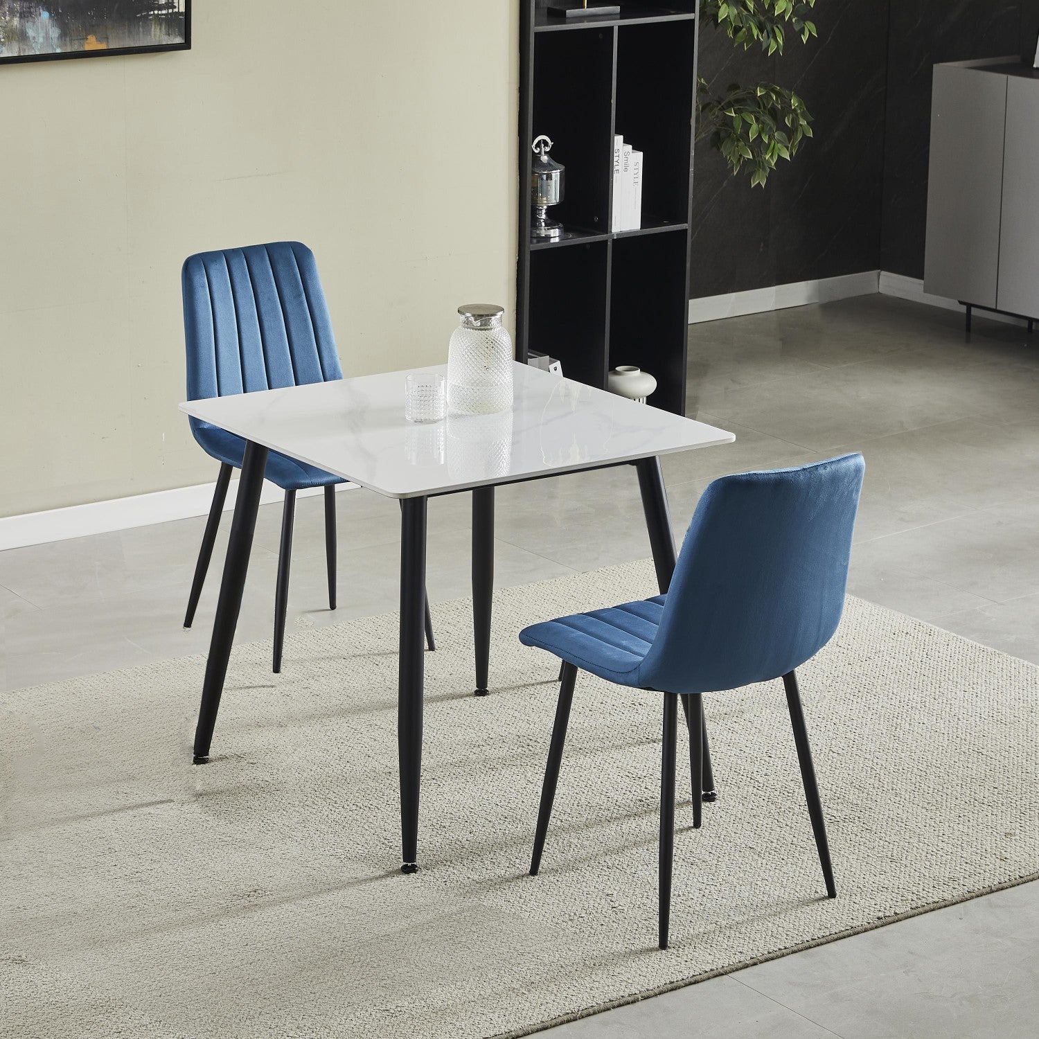 White Marble Effect 80cm Dining Table Set with 2 Blue Chairs