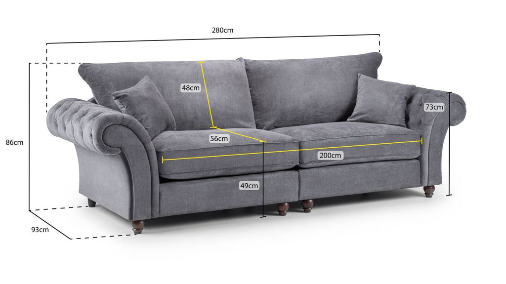 Grey Fabric 4 Seater Fullback Sofa Buttoned Tufted Arms