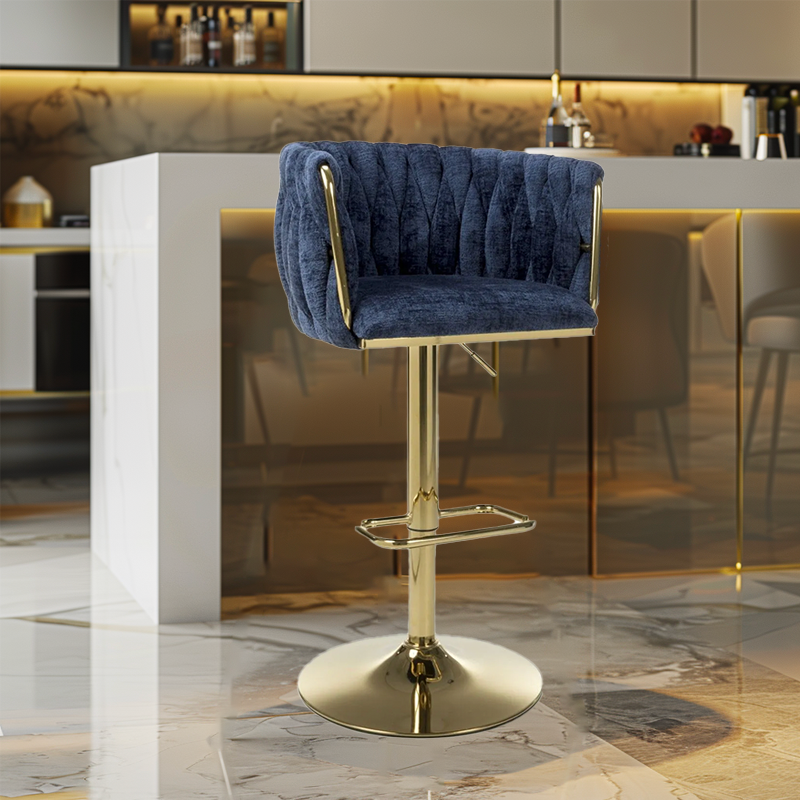Blue Linen Fabric Adjustable Swivel Bar Stool Gold Legs