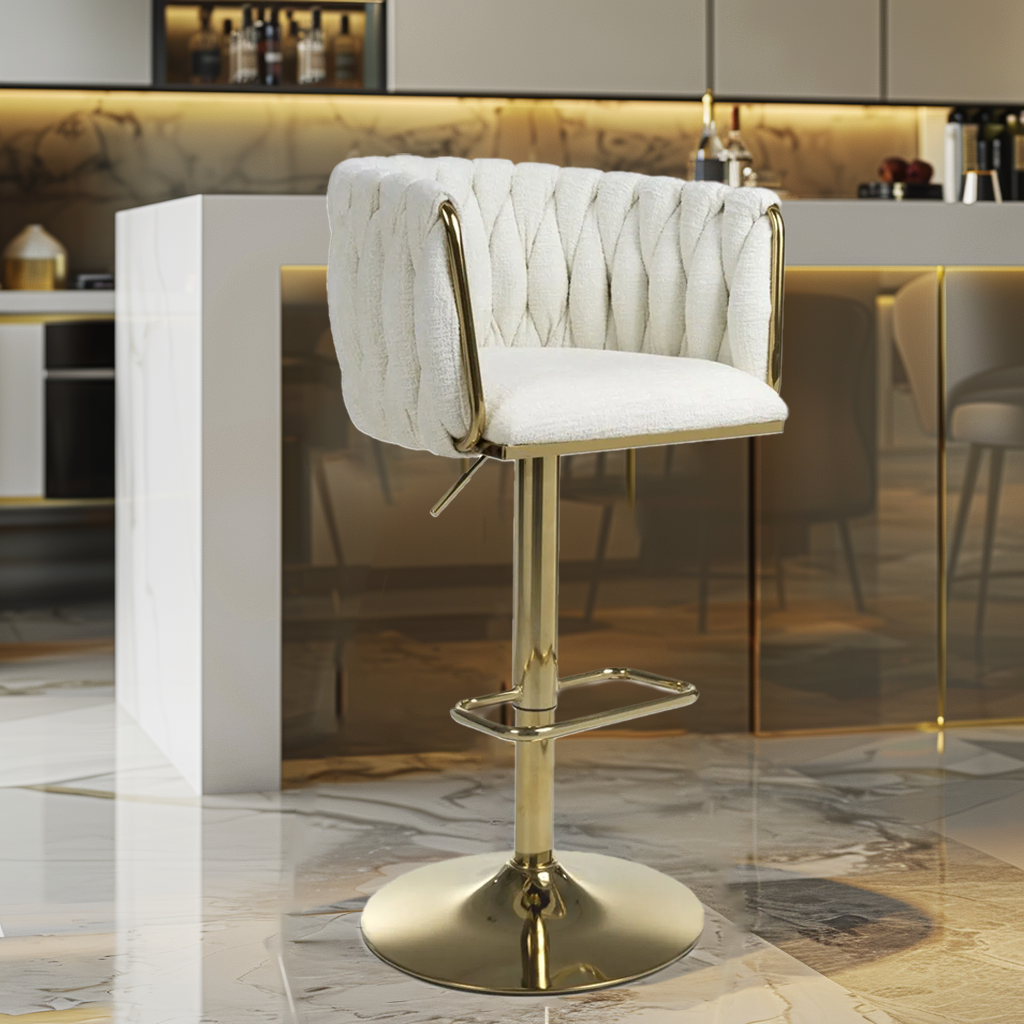 Cream Linen Fabric Adjustable Swivel Bar Stool Gold Legs