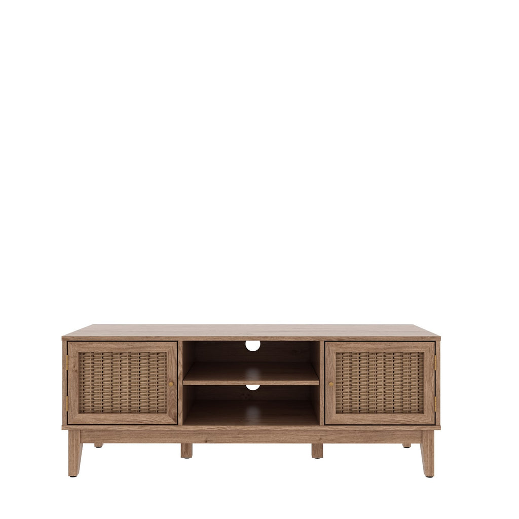 Small Low Oak Wooden Rattan TV Media Entertainment Unit