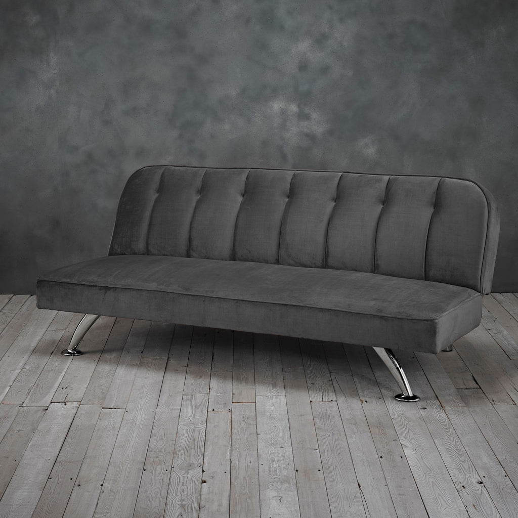 Grey Velvet Upholstered Reclining Sofa Bed with Chrome Legs