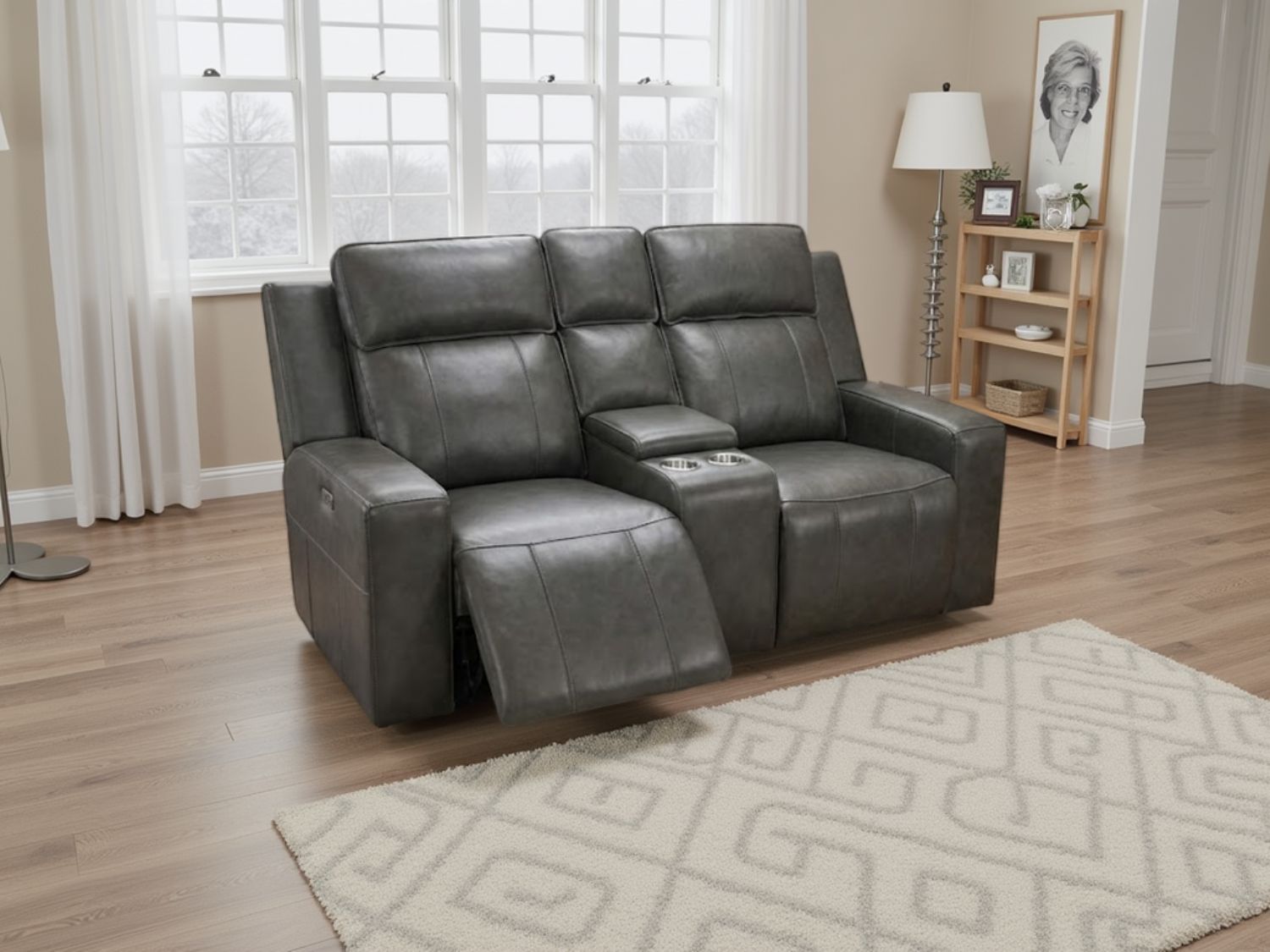 Grey Leather 2 Seater Electric Recliner Sofa Central Console