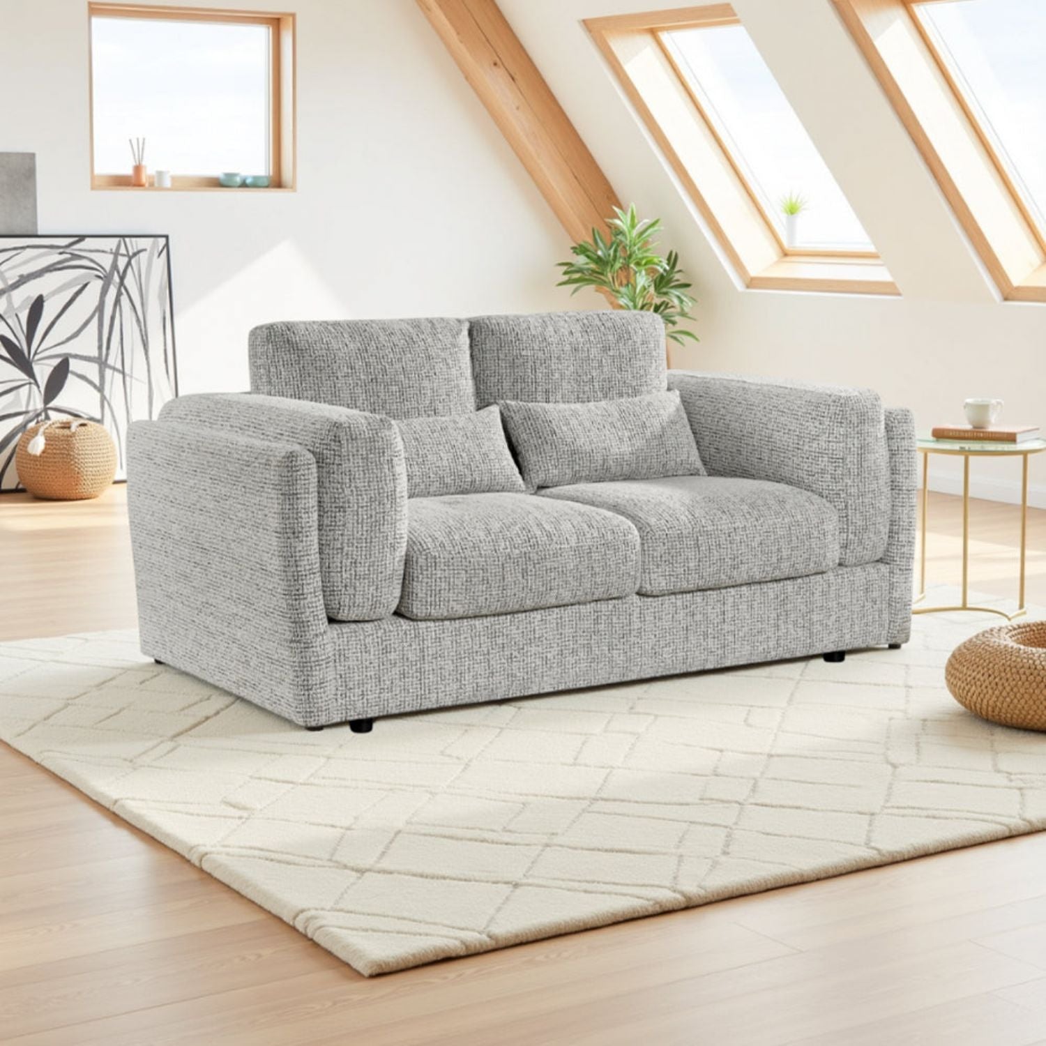 Grey Chenille Fabric 2 Seater Sofa with Chunky Arm Cushions