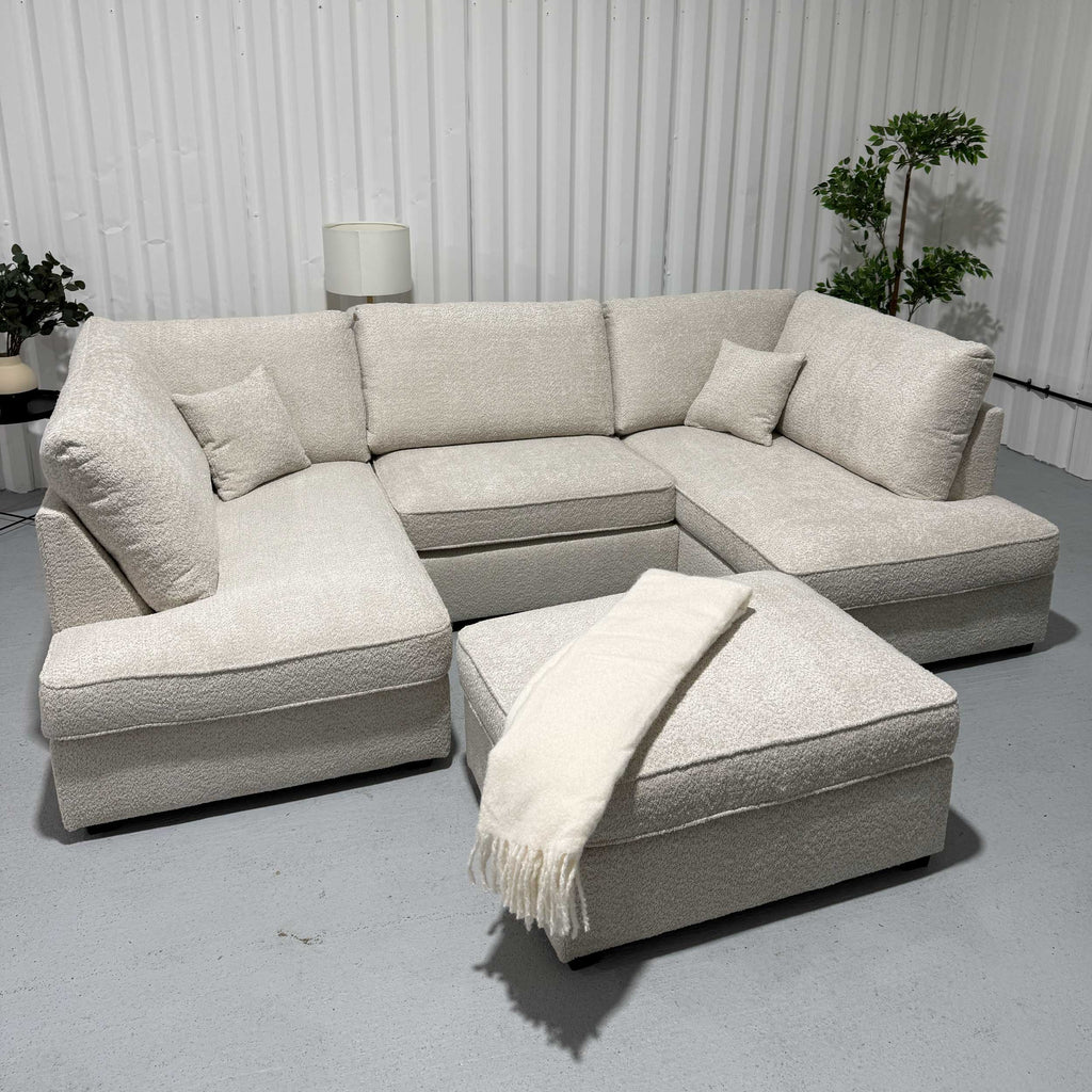 Beige Boucle Fabric Upholstered U Shaped Corner Sofa