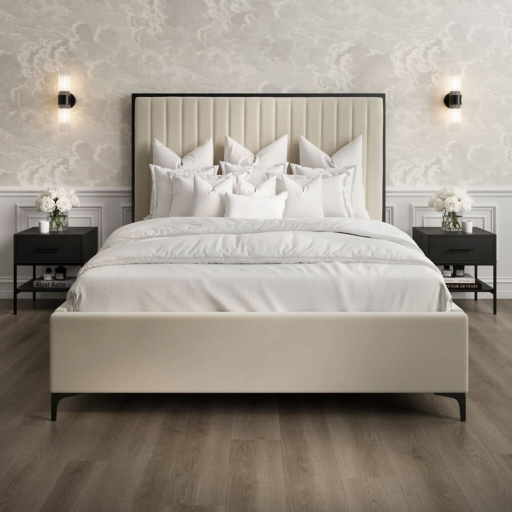 Cream Velvet 5ft King Size Bed Frame Fluted Headboard