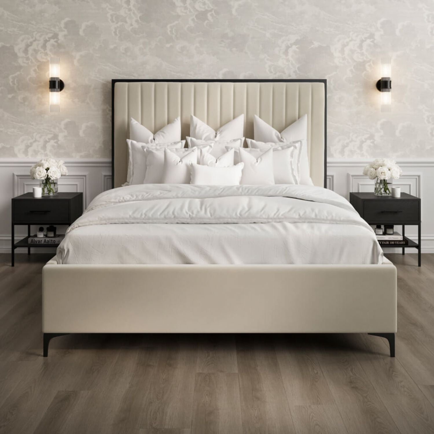 Cream Velvet 5ft King Size Bed Frame Fluted Headboard