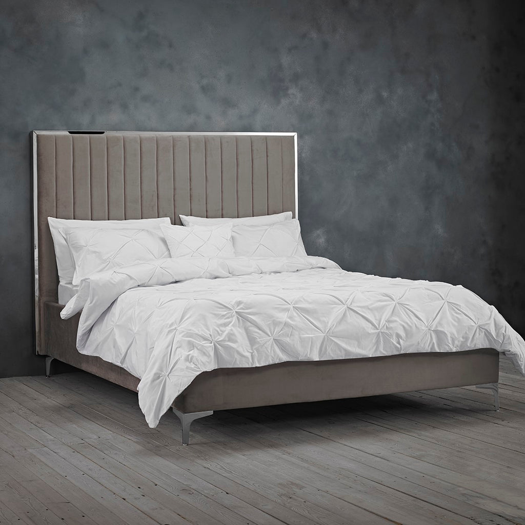 Grey Velvet Fabric King Size 150cm 5ft Bed with Silver Trim