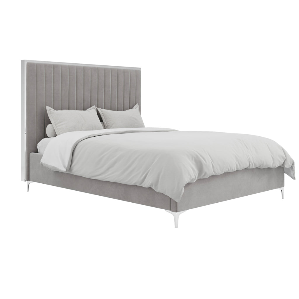Grey Velvet Fabric King Size 150cm 5ft Bed with Silver Trim