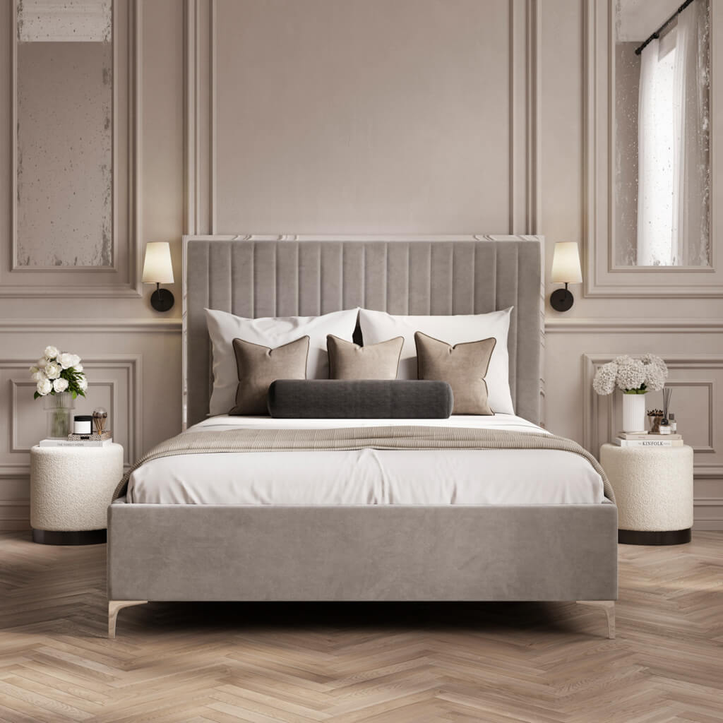 Grey Velvet Fabric King Size 150cm 5ft Bed with Silver Trim