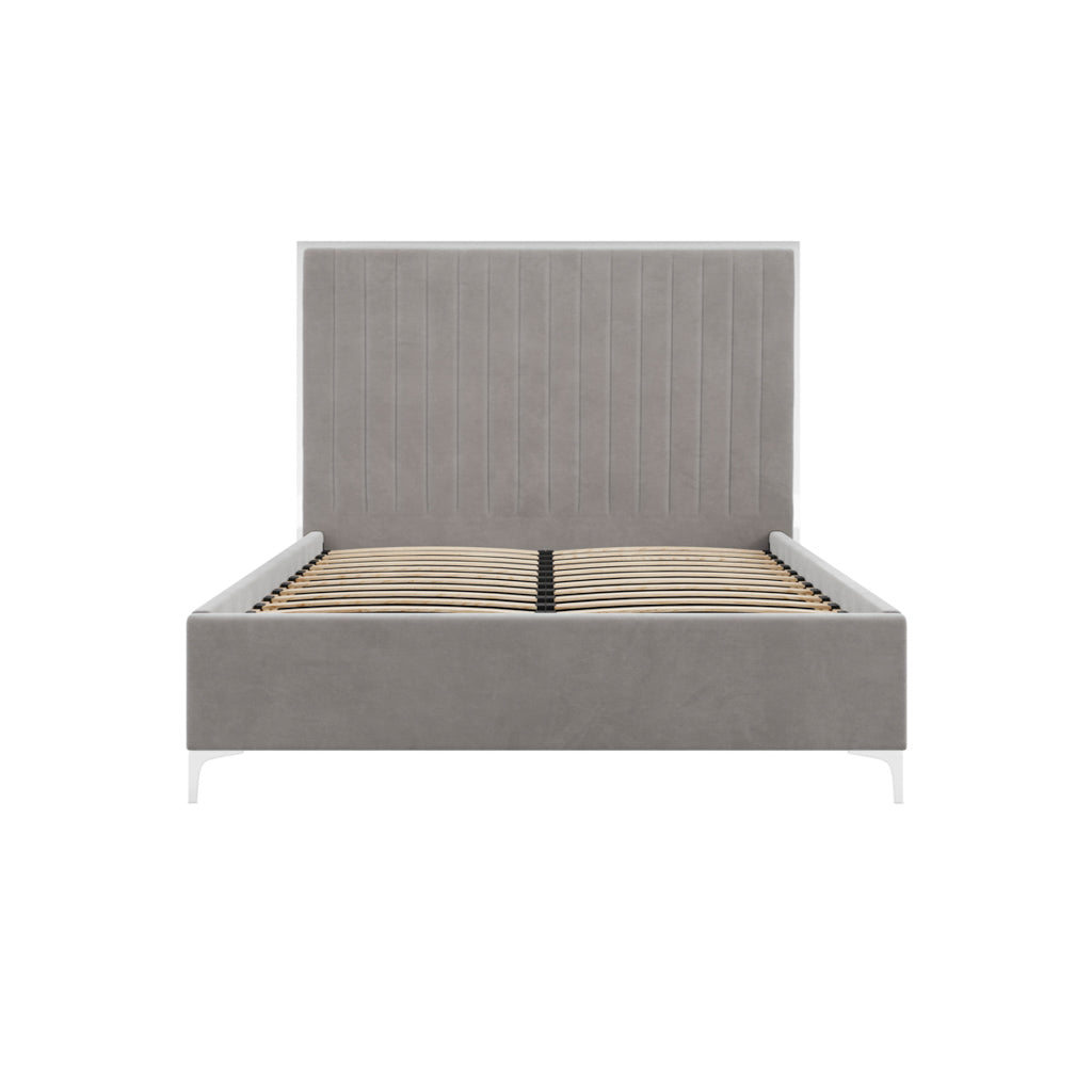 Grey Velvet Fabric King Size 150cm 5ft Bed with Silver Trim
