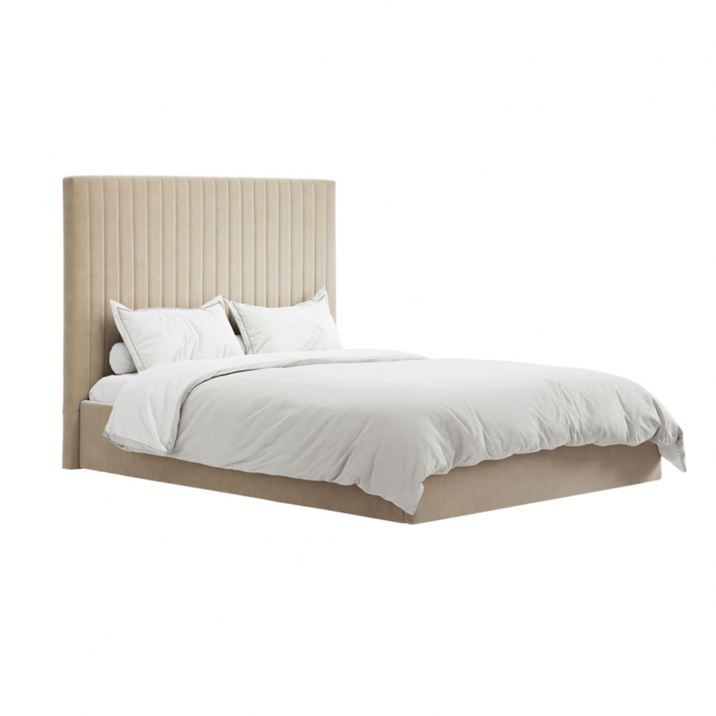 Beige Velvet 5ft King Size Ottoman Storage Bed with Tall Headboard