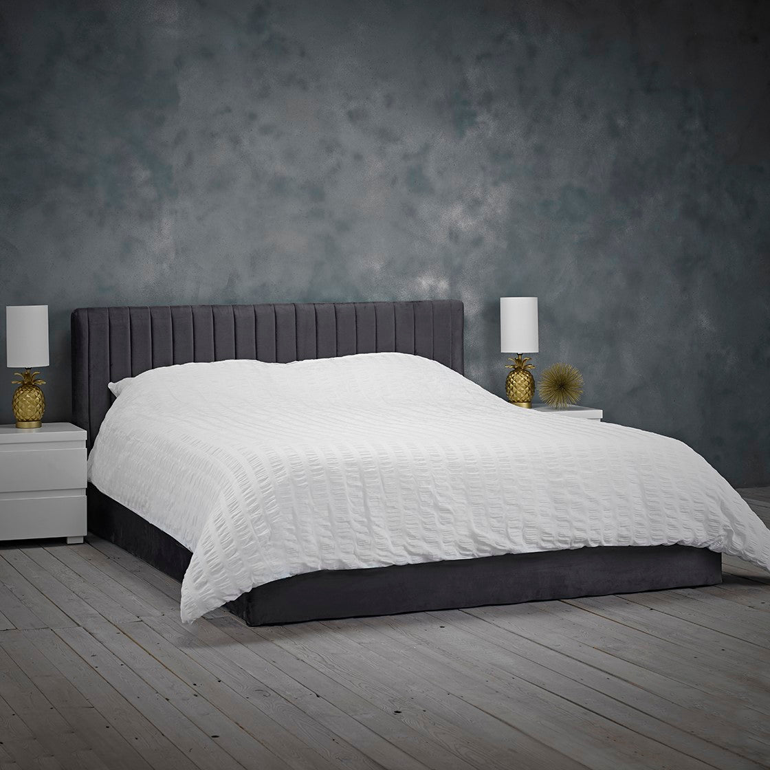 Silver Grey Velvet Upholstered 5ft King Size Ottoman Bed with Headboard