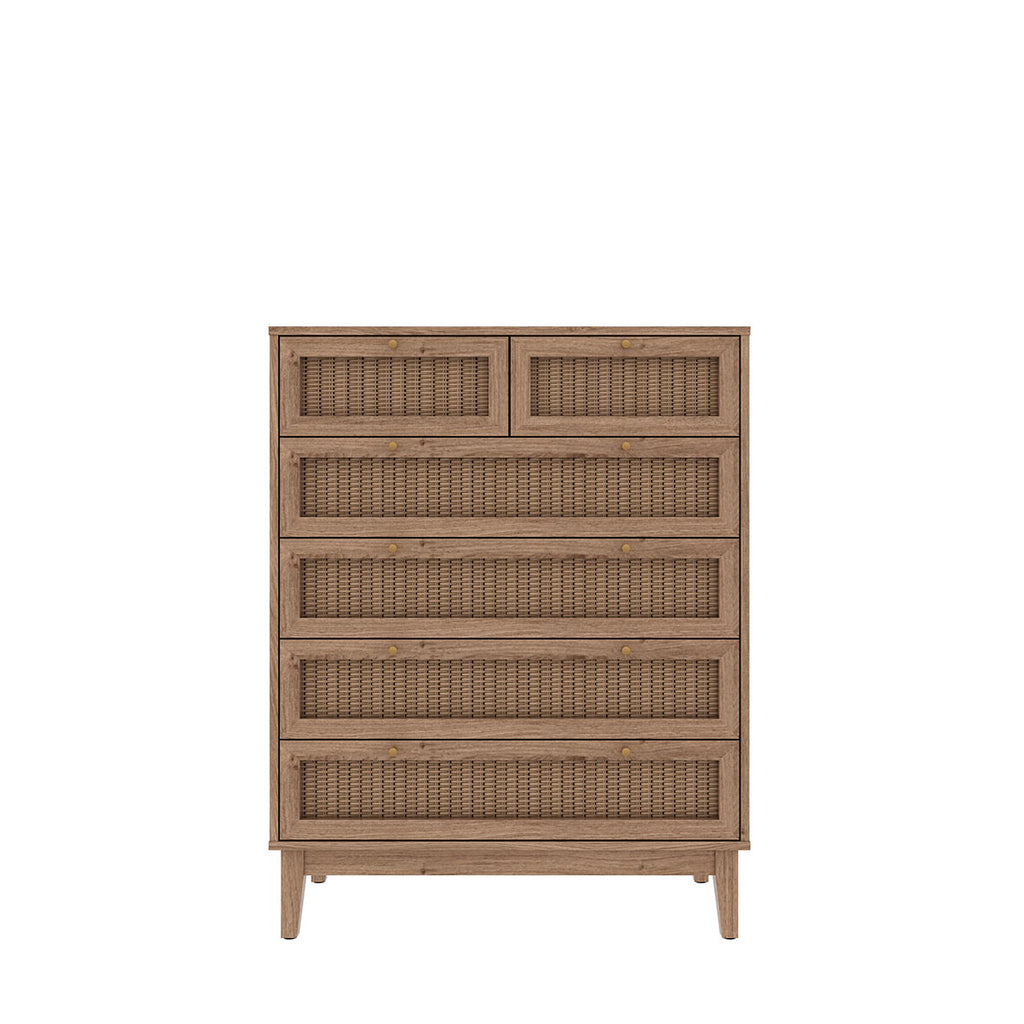 Oak Wooden 5 Rattan Front Drawer Chest with Gold Handles