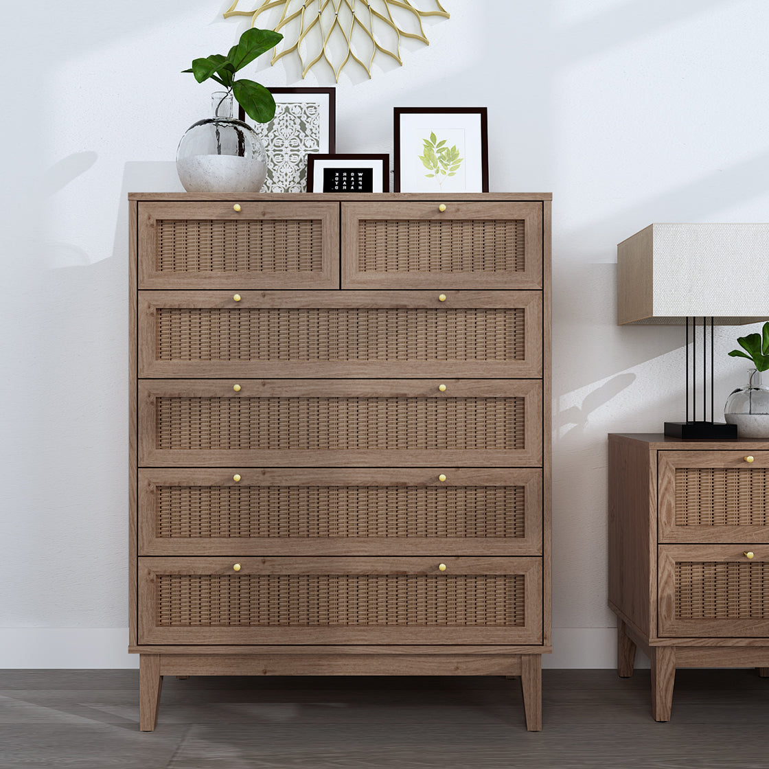Oak Wooden 5 Rattan Front Drawer Chest with Gold Handles