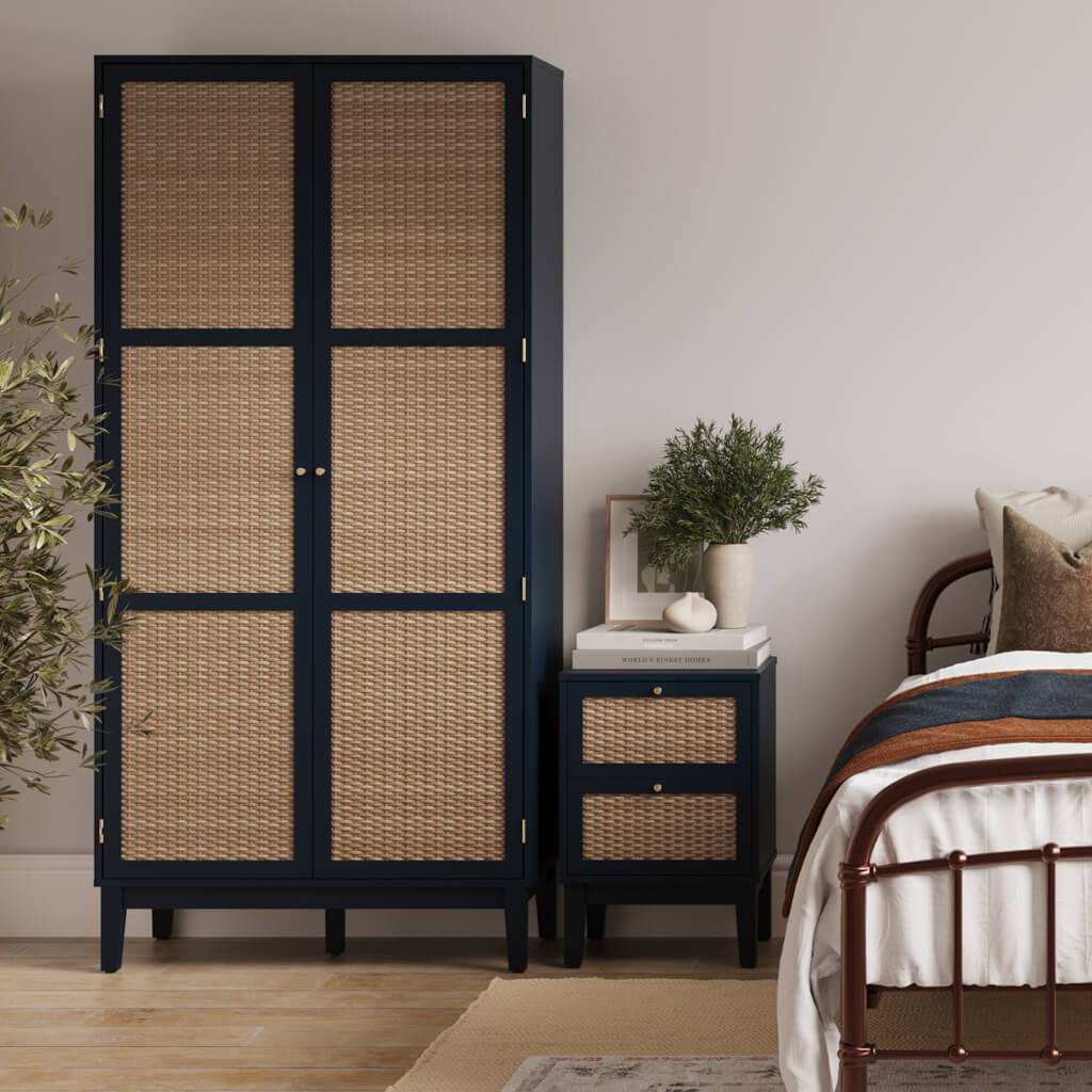 Blue Rattan Effect 2 Door Double Wardrobe with Satin Gold Handles
