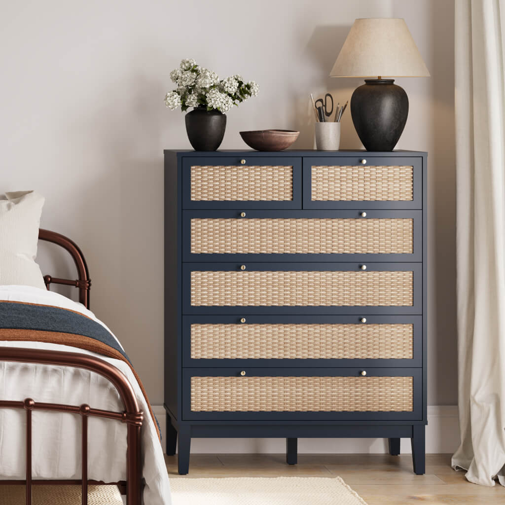 Blue 2 Over 4 Chest of Drawers with Gold Handles and Rattan Effect Front