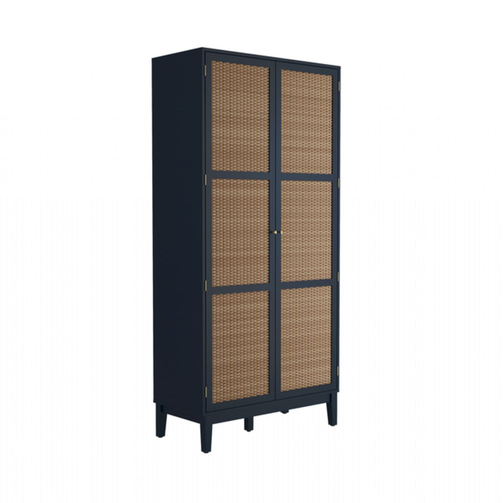 Blue Rattan Effect 2 Door Double Wardrobe with Satin Gold Handles
