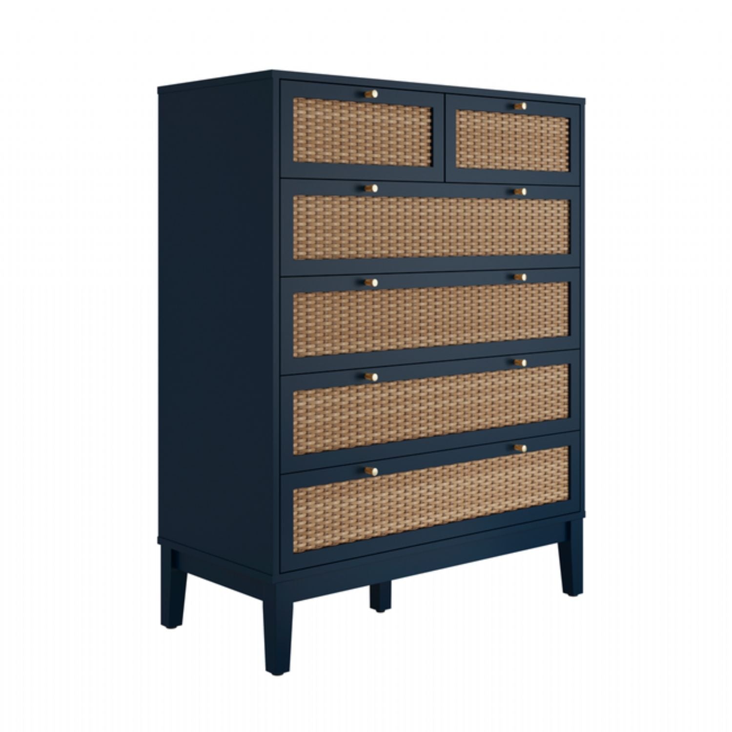 Blue 2 Over 4 Chest of Drawers with Gold Handles and Rattan Effect Front