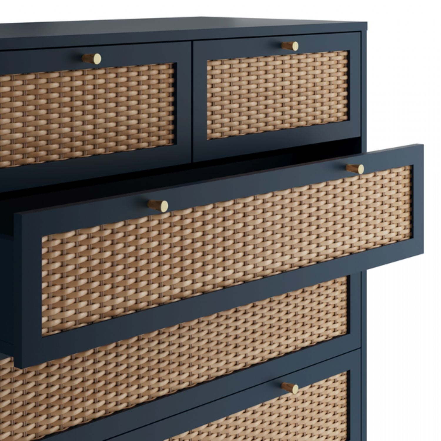 Blue 2 Over 4 Chest of Drawers with Gold Handles and Rattan Effect Front