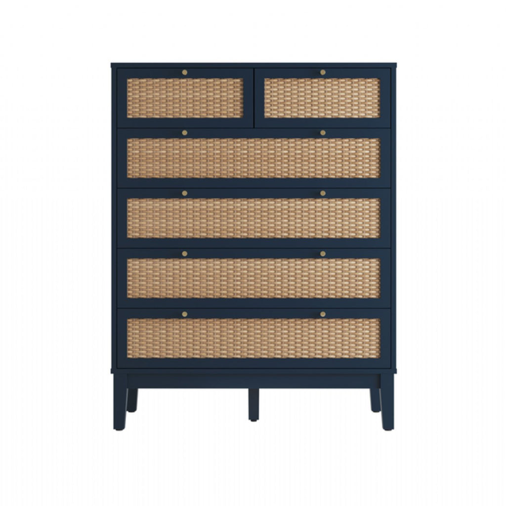 Blue 2 Over 4 Chest of Drawers with Gold Handles and Rattan Effect Front
