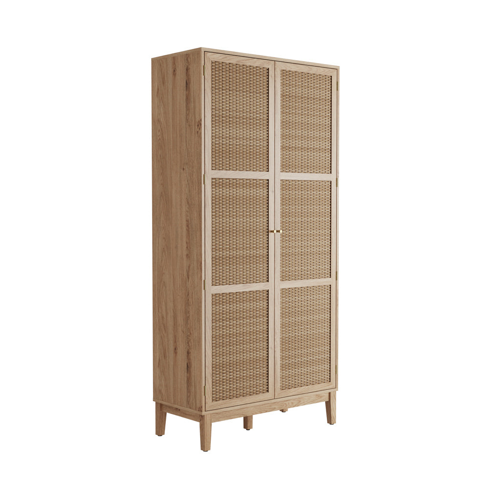 Modern Boho Chic Oak Wood 2 Door Double Wardrobe with Rattan Fronts