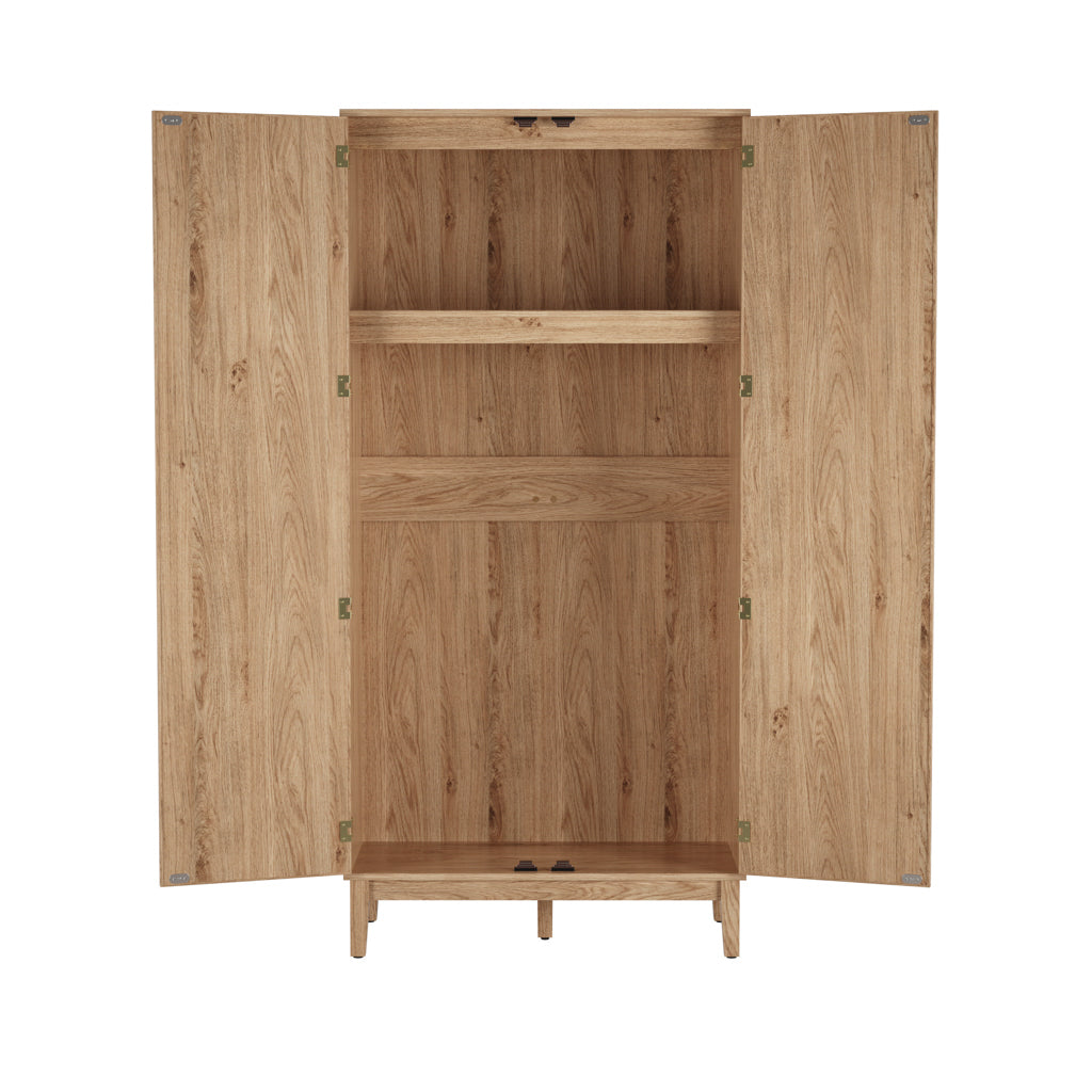Modern Boho Chic Oak Wood 2 Door Double Wardrobe with Rattan Fronts