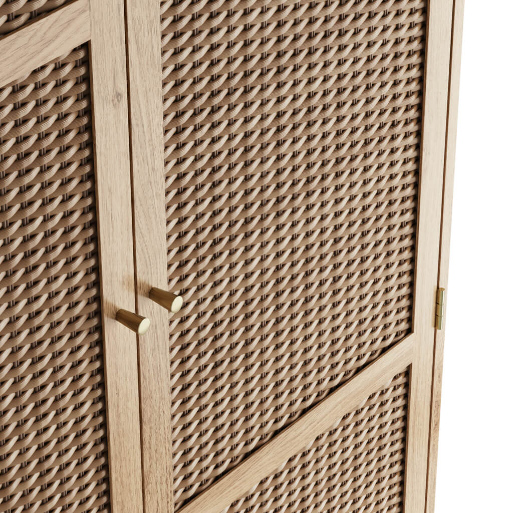 Modern Boho Chic Oak Wood 2 Door Double Wardrobe with Rattan Fronts