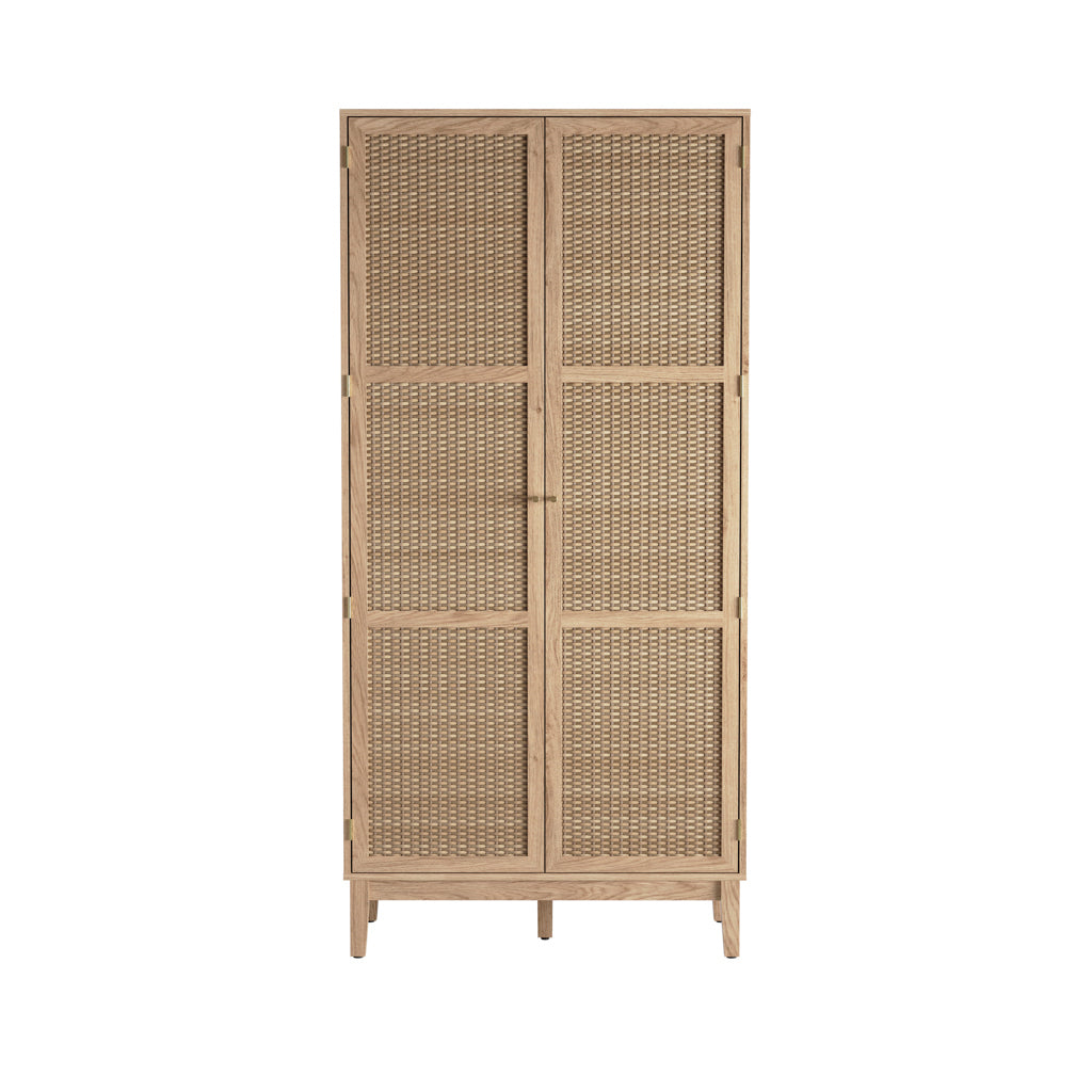 Modern Boho Chic Oak Wood 2 Door Double Wardrobe with Rattan Fronts