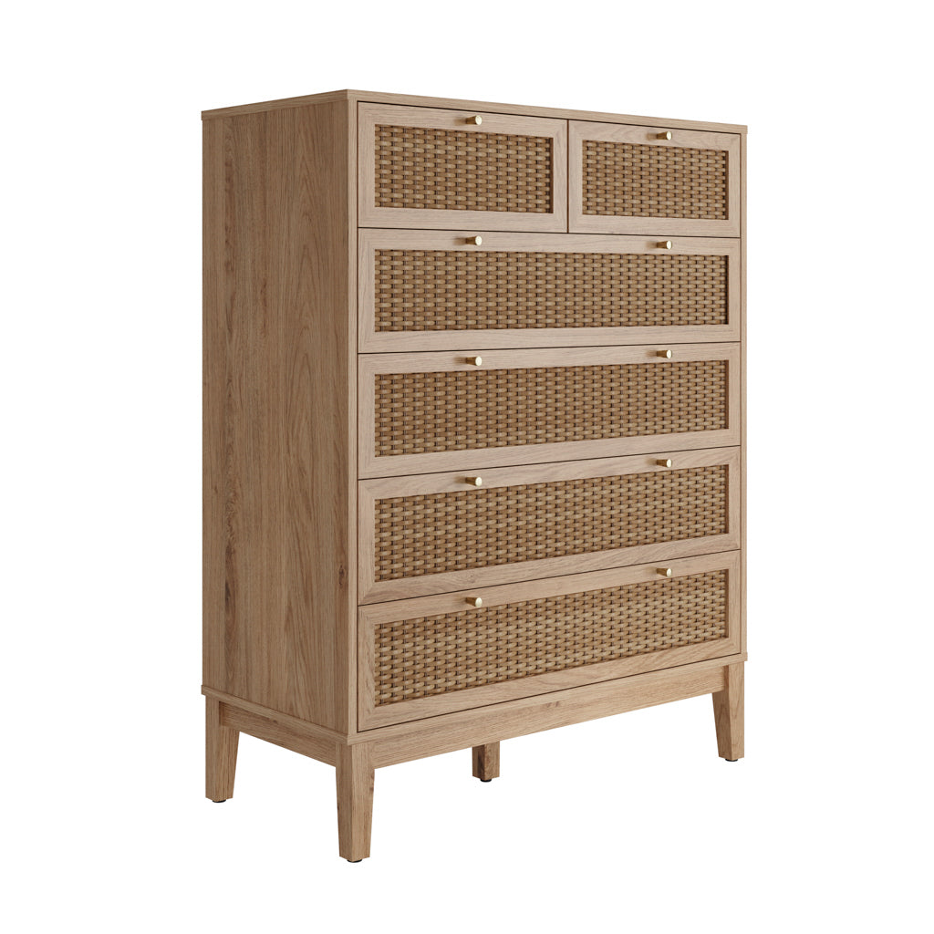 Oak Wooden 5 Rattan Front Drawer Chest with Gold Handles