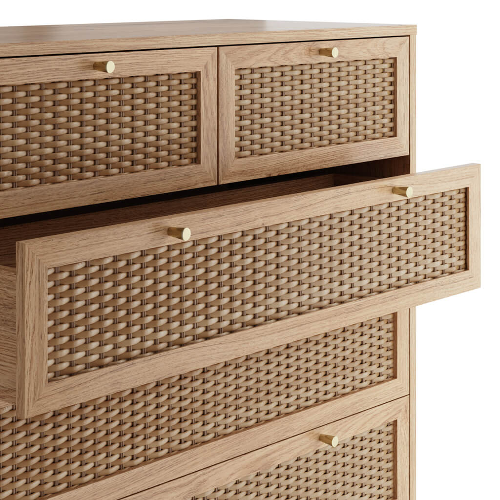 Oak Wooden 5 Rattan Front Drawer Chest with Gold Handles