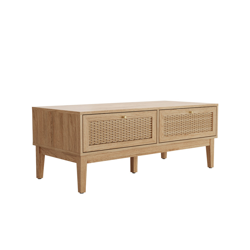Boho Chic Natural Oak 2 Rattan Front Drawer Rectangular Coffee Table