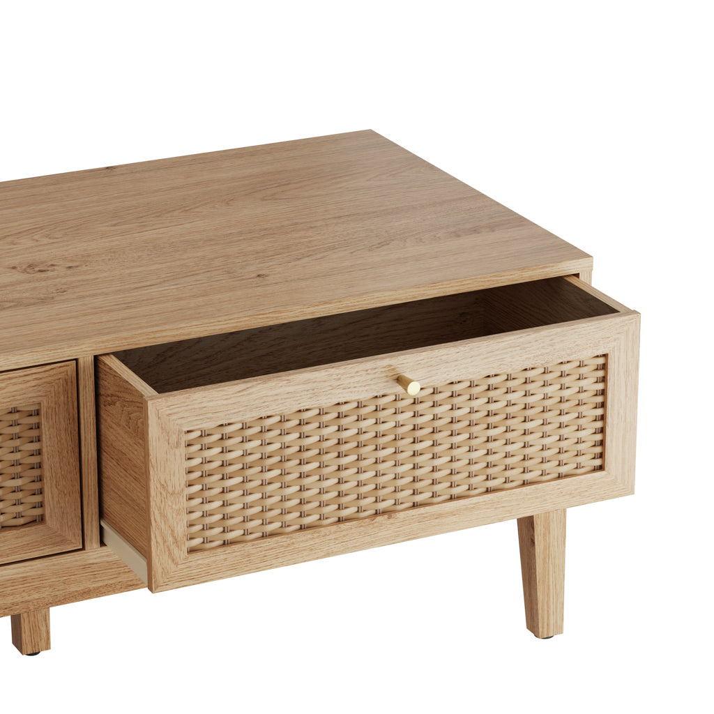 Boho Chic Natural Oak 2 Rattan Front Drawer Rectangular Coffee Table