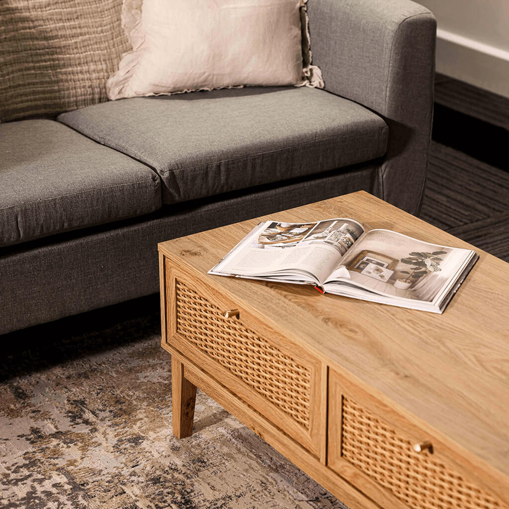 Boho Chic Natural Oak 2 Rattan Front Drawer Rectangular Coffee Table