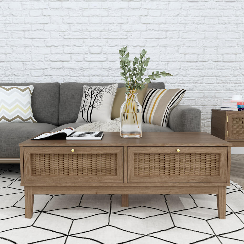 Boho Chic Natural Oak 2 Rattan Front Drawer Rectangular Coffee Table